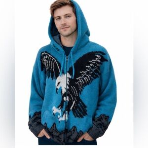 Tejidos Eagle Graphic Sweater Hooded Zip Jacket Blue Oversized Cardigan Large